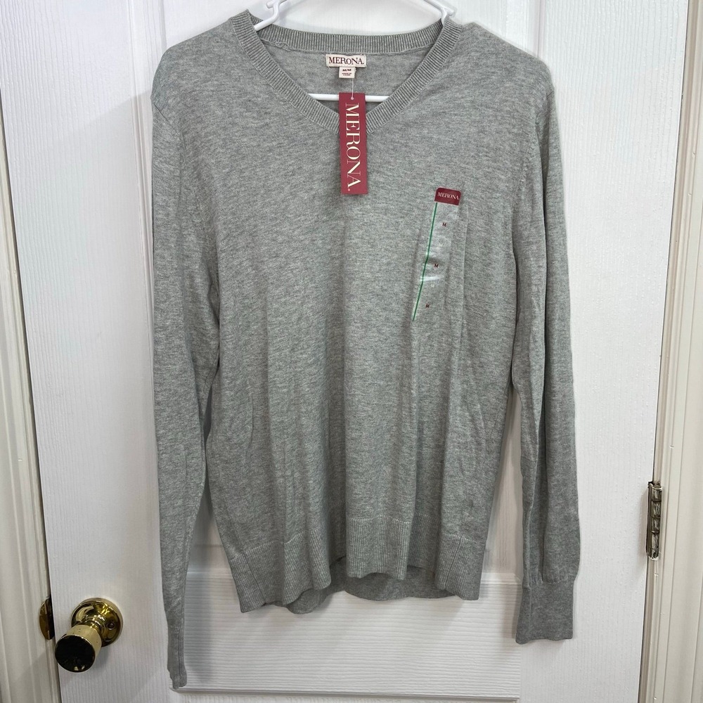 NEW Merona gray lightweight v-neck cotton wool stretch knit sweater medium